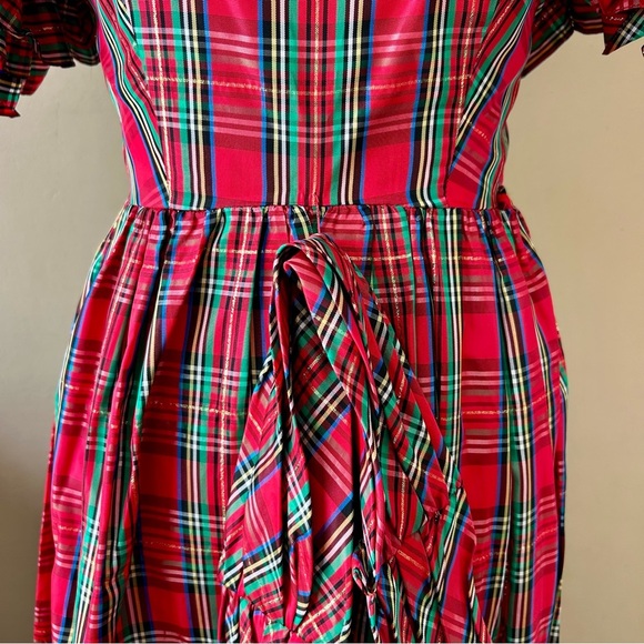 Vintage 1970s Red Royal Stewart Tartan Plaid Ruffle Off Shoulder Maxi Dress XS - Picture 10 of 16